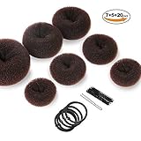 Donut Hair Bun Maker 7 Pieces, Teenitor Ring Style Chignon Bun Maker Set - Donut Bun Maker (1 Extra-large 1 Large 2 Medium & 2 Small) with 5 Hair Elastic Bands, 20 Hair Pins for Dance Ballet Brown