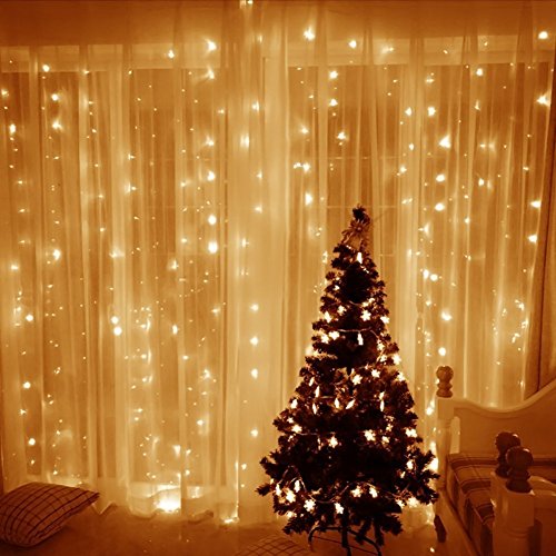 Vorhänge beleuchtet KingTop Lichterkette 3 m * 3 M 304 LEDs 8 Modi Licht-Vorhang Icicle für Dekoration Innen, Außen, Schlafzimmer, Hochzeit, Weihnachten, Abend, Party [Energieeffizienzklasse A +] Warmweiß - 2