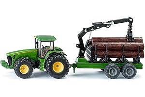 siku 1954, Trattore John Deere con rimorchio forestale, 1:50, Metallo e Plastica, Verde, Braccio e pinza completamente operativi