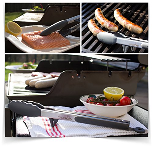 Die schlauere Küchen- und Grillzange! Premium Sandford Küchenzange mit integriertem Standfuß I Hygienisch-sauberes Ablegen beim Kochen, Grillen, Backen und Servieren | Aus Edelstahl mit Silikon in bester LFGB Qualität | lebensmittelsicher & schadstofffrei I Die ideale universal Mehrzweck Zange für Fleisch, Salat, Spaghetti, Wurst, Aufback-Brötchen und vieles mehr… - 3