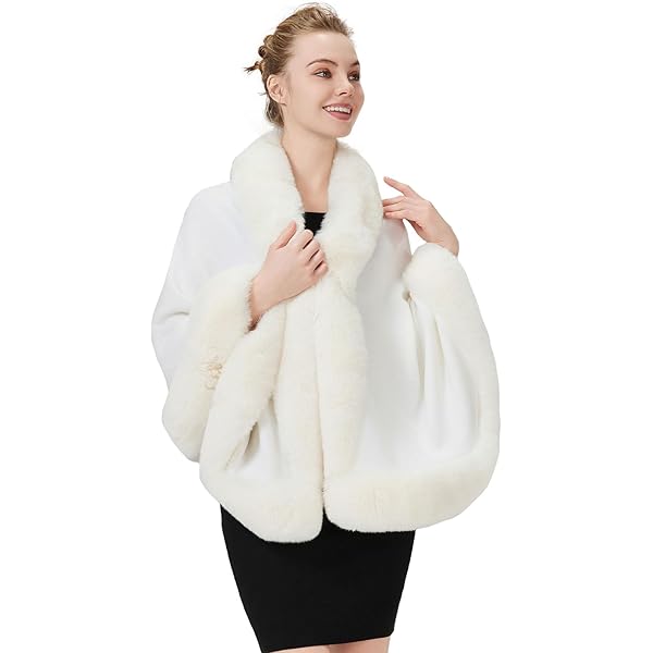 Cape Boléro Femme Fausse Fourrure – Ivoire Blanc – Pour Mariage, Soirée Hiver – Avec Broche – Largeur épaule 45 Cm