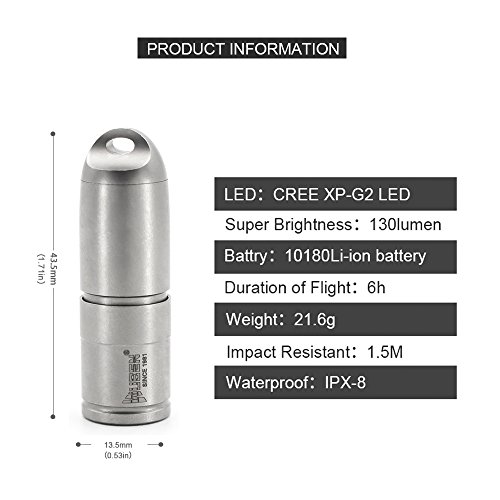 Wuben G338 Mini-Taschenlampe. leistungsstark, 130 Lumen, wasserdicht, wiederaufladbar per USB, fokussierbar, 2 Modi, Cree XP-G2 LED, Titaniumlegierung, Silberfarben - 2