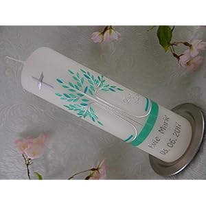 Taufkerze Lebensbaum türkis silber schlicht Taufkerzen Junge Mädchen 250/70 mm inklusive Name und Datum