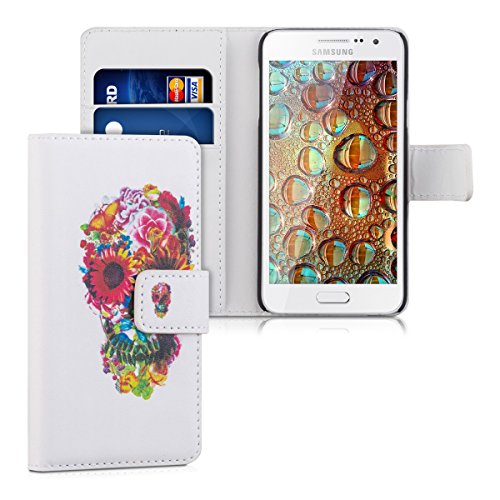 kwmobile Funda para Samsung Galaxy A3 (2015) - Wallet Case plegable de cuero sintético - Cover con tapa tarjetero y soporte Diseño calabera en multicolor rosa fucsia blanco