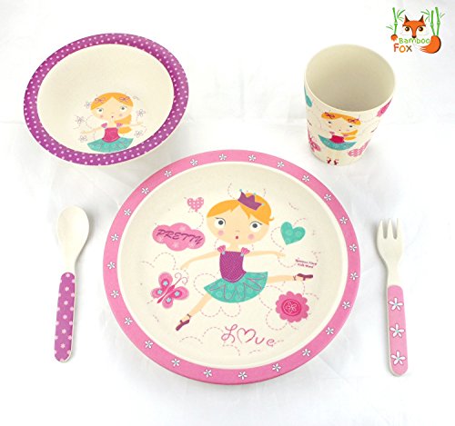 BambooFox Kindergeschirr set – Buntes Bambus Geschirr und Besteck Set mit Motiven – 100% Bio Bambus – umweltfreundlich (Ballerina) - 2