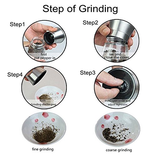 Salz- und Pfeffermühle Salz- und Pfeffermesser Set Gebürsteter Edelstahl und Glaskörper mit manuell verstellbarem Keramikschleifer zur verstellbaren Grobheit mit passendem Edelstahl Ständer Küchenzubehör Kochen Werkzeuge Gewürzmühle Grinder-Set von 2 - 3