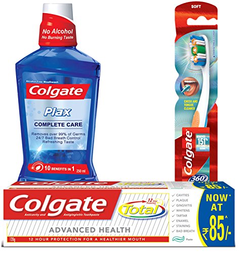 Colgate Total Advance Health Toothpaste - 120 g and 360 Whole Mouth Clean Toothbrush with Plax Complete Care Mouthwash - 250 ml