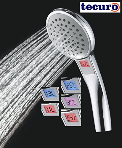 tecuro 1-strahlige LED-Handbrause Duschkopf Brausekopf Ø 108 mm, mit Temperatur- und Verbrauchsanzeige