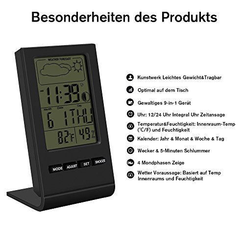 Digital Thermometer Bengoo Thermo-Hygrometer Digital Hygrometer Uhr Wetterstation mit LCD-Anzeige Wecker Kalender Display Alarm schlummerfunktion Wettervoraussage Funktion. - 3