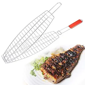 VPLLEX Stainless Steel Non Stick Folding BBQ Barbecue Portable Grill Grilling Basket with Removable Handle Perfect for Fish Steak Meat Vegetables