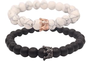 UEUC Distance Couple Bracelet avec CZ Crown King & Queen Noir Mat Agate & White howlite 8 mm Bracelet Perles