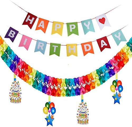 Happy Birthday Bunting and 3-3.5 Meter Large Colorful Flower Banner with Paper Cake Balloon Star Pendant for Party Decoration