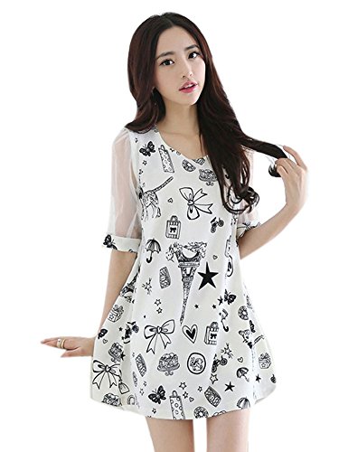 ANNO Maternity Plus Size Short Mesh Splice Sleeve Vintage Prints Pregnant Dress US M(Asian XXXXL) White