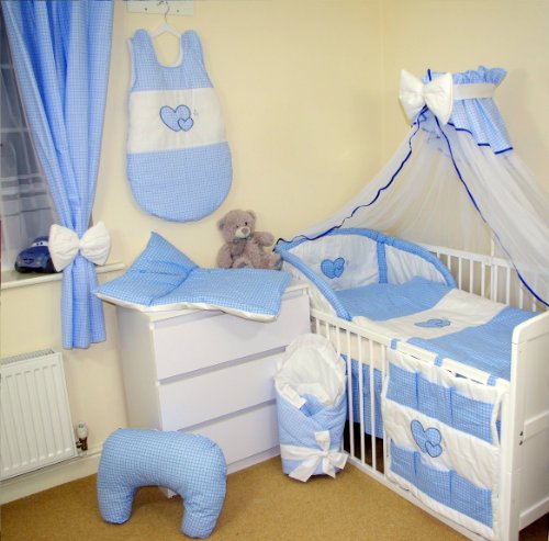 STUNNING 16 PCS BABY BEDDING SET (AVAILABLE IN 15 COLOURS AND 2 SIZES - for COT or COTBED) (to fit cotbed with mattress size 140x70, Checkered blue / white)