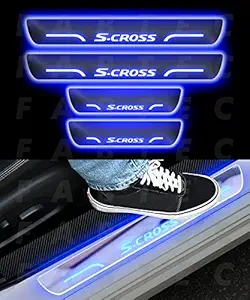 Fabtec Car Door Foot Step Led Sill Plate Compatible for Maruti Suzuki S Cross (Set of 4) (Blue)