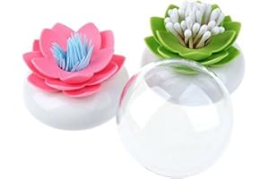 HomDSim 2 PACK Lotus Cotton Swab Holder,Cotton Bud Small Q-tips Toothpicks Brushes Holder Box Case Storage Organizer Jar with Clear Lid Dustproof Cover Green + Pink, Green + Pink