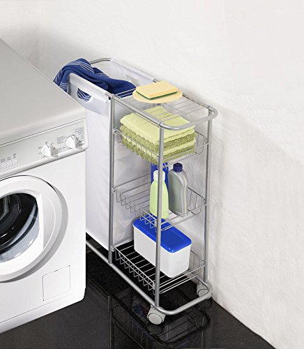WENKO 12100100 Sammelwagen Slim – 3 Etagen, abnehmbarer Sack, Fassungsvermögen 28 L, pulverbeschichtetes Metall, 20 x 58 x 80 cm, Grau - 8