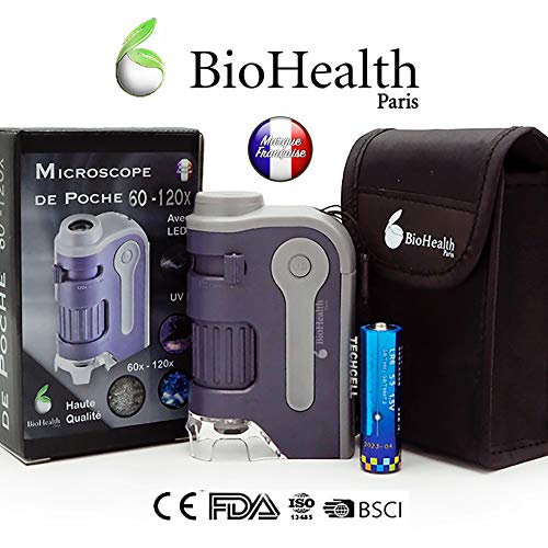 Microscopio de Bolsillo [Nuevo Model 2019] 60  120 x, Nuevo Sistema de Lentes esféricas para el Aprendizaje, la educación y la exploración de la Infinitesimal. New Sistema LED Ultravioleta 