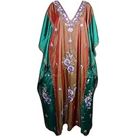 Womens Indian Designer Kaftan Double Shaded Green Floral Embroidered Lounge Wear One Size