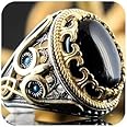 QUSIIOSLK Luxury Two Tone Agate Ring Vintage Black Onyx 925 Sterling Silver Ring Turkish Handmade Engrave Pattern Natural Stone Hollow Ring Retro Jewelry Gift Ring for Men