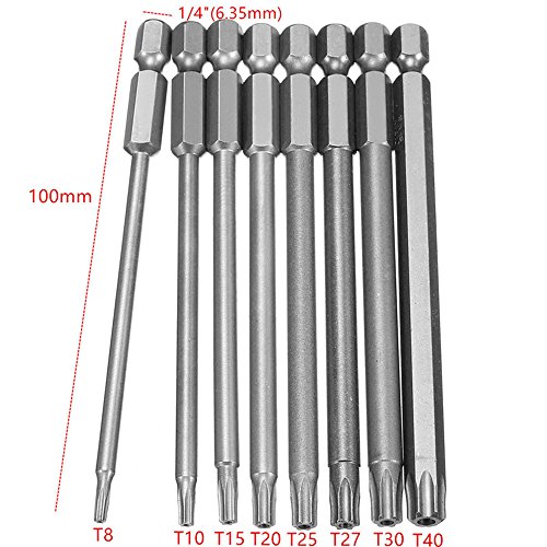 JTENG 8 Stück Torx Bits Schraubendreher Set Extra lang(100mm) und magnetisch T8-T40 1/4 Zoll Sechskant Schaft Elektrische Schraubendreher Werkzeuge - 6