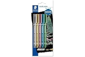 Staedtler Metallic Marker, Feutres à encre métallique pour loisirs créatifs et écriture stylisée, Encre pigmentée à base d'eau, Largeur de trait 1-2 mm, Étui blister avec 5 couleurs, 8323-S BK5S
