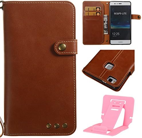 Huawei P9 Lite PU Leather Case, Huawei P9 Lite Wallet Cover, Ekakashop Fashion Retro Pure color Simulation Leather Case (with Hand Strap) and Soft Silicone inner Case, Business Women &amp; Men Bookstyle Premium Flip PU Leather Phone Case Stand Shockproof Protective Case Cover For Huawei P9 Lite +1x Ekakashop Kickstand (color random), Brown