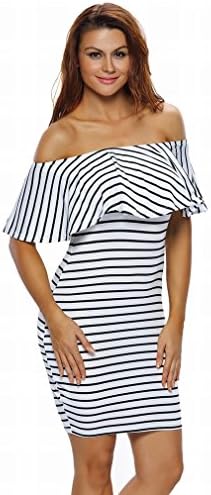 Dresses Black and White Stripes the Word Exposed Shoulder Lotus Leaf Slim Dress Skirt Skirt Short Paragraph,White bars,M