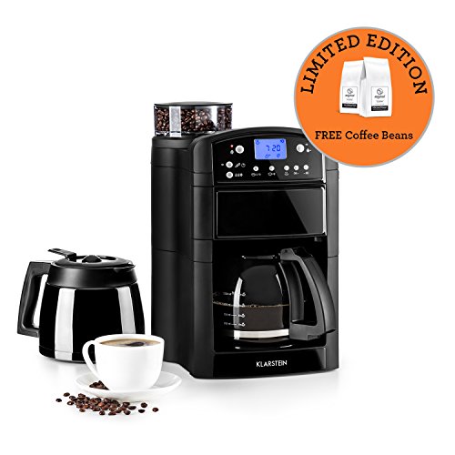spécification Klarstein Aromatica • Machine à café filtre • Filtre à charbon actif • Anti-éclaboussure • Buse à vapeur • Verre et thermos • Minuterie 24 h • 10 tasses • Filtre permanent • Noir • Édition limitée