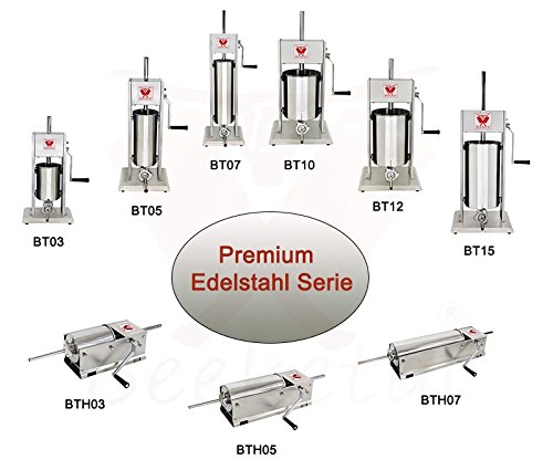 Beeketal „BT03“ Edelstahl Industrie Wurstfüllmaschine (3 Liter Volumen) SGS-geprüft, Profi Wurstfüller mit gehärtetem 2 Gang Vollmetall-Getriebe und 90° Aluguss Handkurbel, inkl. 5 Fülltüllen (10, 16, 22, 32 und 38 mm Ø) - 9