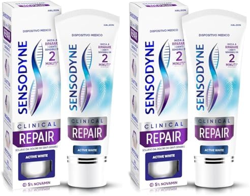 Sensodyne Clinical Repair Active White, Dentifricio per Denti Sensibili, inizia a riparare i Denti Sensibili in 2 minuti*, Effetto Sbiancante, 75ml (Confezione da 2)