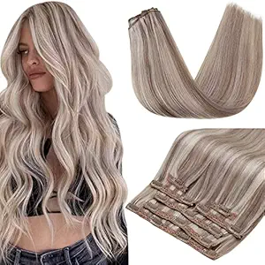 RUNATURE 10 Inch Clip in Hair Extensions for Short Hair Light Brown Highlighted Platinum Blonde Human Hair Extensions Clip in 100g Hair Extensions Human Hair 9 Pieces Hair Clip in Extensions