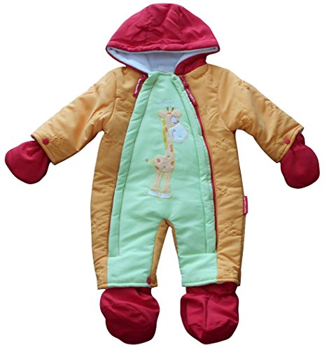 0-3 months - Baby Boys Gorgeous Red Green and Orange Giraffe Hooded Snowsuit with Booties and Mittens