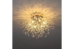 Aidencor Modern Crystal Ceiling Light, Gold Fireworks Chandelier Living Room Ceiling Lights, 6 Lights G9 LED Flush Mount Ceiling Lighting for Bedroom, Dining Room, Hallway