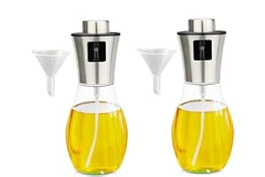 GADIRIA Zestaw 2 szklanych opryskiwaczy olejowych 200 ml. Nadaje się do frytkownic powietrznych, grilla i sałatek. Ze szklanymi pojemnikami i lejkami do napełniania, nadaje się do octu.