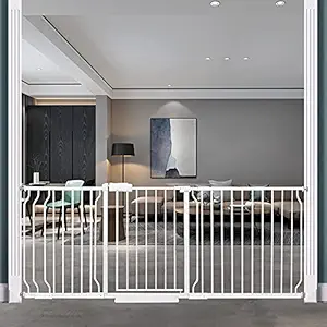 HOOOEN Walk Through Baby Gates Extra Wide for Stairs Doorways Auto Close Tension White Metal Child Pet Safety Gates with Pressure Mount 76.38-81.1 Inch