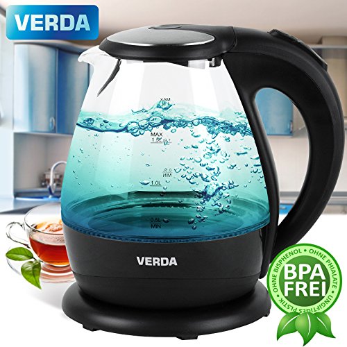 VERDA Wasserkocher 1,5L 2200W Kalkfilter LED BELEUCHTUNG Kabelloss Glas SN0615L