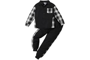 HEOXIN Set di Abbigliamento per Bambini, Plaid Felpa + Pantaloni 2PCS Set, Top con Bottoni a Maniche Lunghe con Tasca, Pantaloni Elastico Set da Jogging per Bambino 6-12 Anni, Rosso/Nero/Marrone