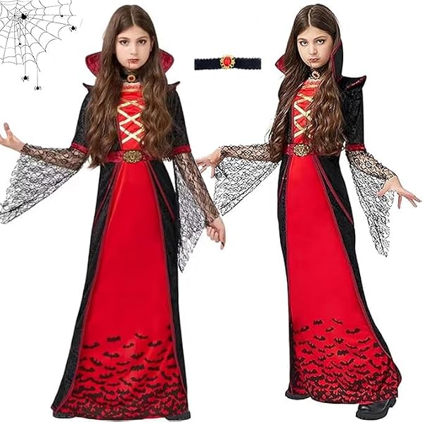 HERMORRYSS Costume Vampiro Bambina, Costume di Halloween Vampira, Costume Vestito Gotico da Vampiro con Collana, Copricapo, CostumeS da Regina, Victorian Vampira Cosplay Carnevale Festa (S