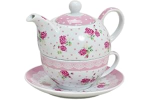 G. WURM Tea for one Set 3-teilig Porzellan Teekanne mit Tasse und Untertasse mit Rosen und Blumen Motiv (Rosa)