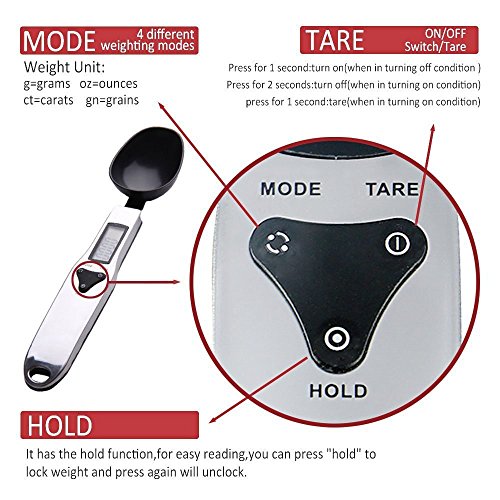 Gearmax® Elektronisch Digital Küche Löffel Gewicht Maßstab Kochlöffel Digital Spoon Scale Mit LCD Display Küche Gewicht 300g/0.1g (Silber, Schwarz Löffel) - 6