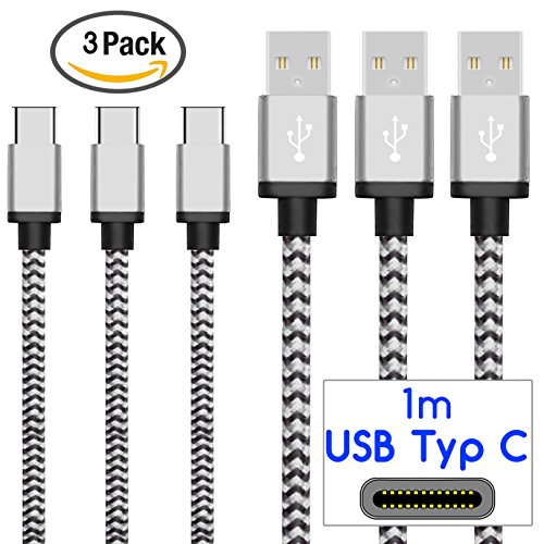 Original COVERLOUNGE - Nylon USB Typ C Kabel [3-Pack] / Datenkabel / Ladekabel [2.1 A] für alle SONY Smartphones mit USB Typ C Anschluss | Farbe: Weiß / Silber | Länge: 1 Meter / 1m