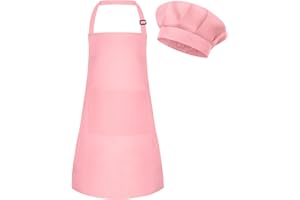 BOUBONI Grembiule e cappello da cuoco per bambini, set di grembiule da cucina regolabile con 2 tasche, cappello da cuoco e grembiule per cucinare e dipingere