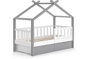 VitaliSpa House bed Design, White/Grey/Grey, 70x140 cm with drawers