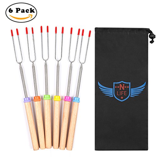 Nlife Marshmallow Roasting Sticks Smores Spieße Hot Dog Gabel Rotierende und Teleskopische Edelstahl für Camping Campfire Kochgeschirr (Set von 6, 32 Zoll, Free Rubber Covered Tipps)