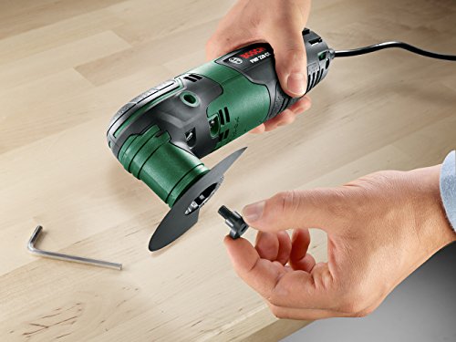 Bosch DIY Multifunktionswerkzeug PMF 220 CE Set, 3 Sägeblätter, Schleifplatte, Schleifpapierset, flexibler Schaber, Multimesser, 4-stufiger Tiefenanschlag, Staubsauger-Adapter, Koffer (220 W) - 4