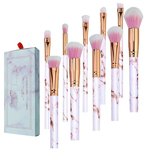 GAOwi 10pcs Creative Marble Handle Foundation Concealer Makeup Brushes Set Makeup Bag Bucket Blush Brush Soft Makeup Tools Cosmetic Brushes Kits,Pink