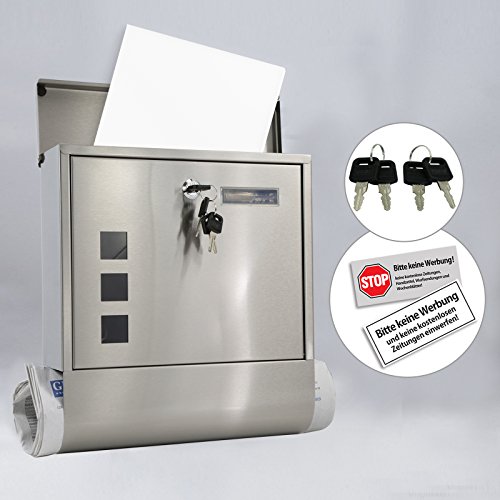 Preisvergleich Produktbild OUBO Briefkasten Postkasten mit 4 Schlüssel, mit großer Zeitungsrolle , großer Einwurf, gebürstetes Edelstahl, rostfrei, mit Namensschild, Sichtfenstern u. Schutzklappe