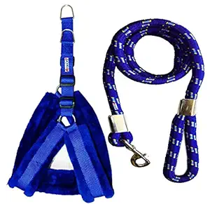 Petshop7 Fur Padded Nylon Dog Harness & Dog Leash & Multi Rope Large (Chest Size - 29-35inch) Blue