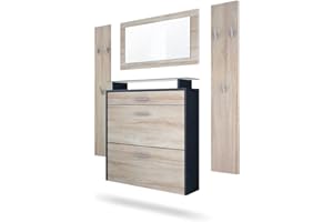 Vladon Set da corridoio Malea, Set da corridoio con 1 scarpiera a Muro, 1 Specchio a Muro e 2 Pannelli Appendiabiti, Antracite/Rovere Grezzo